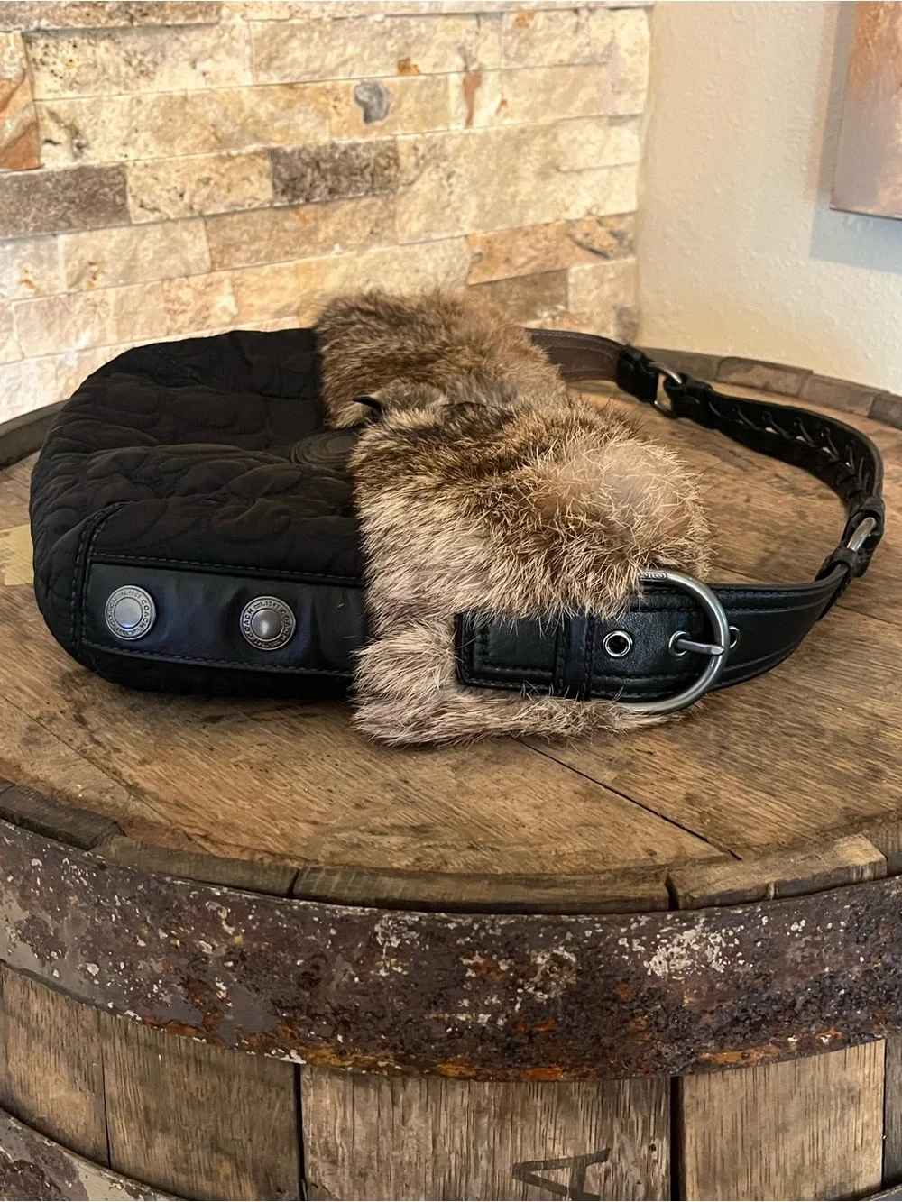 Coach Vintage Black Leather and Rabbit Fur Shoulder Bag